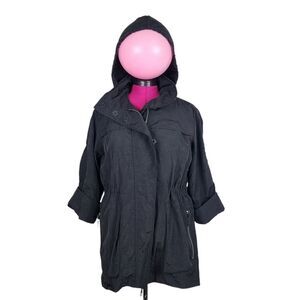 Black Hooded Trench Coat Lightweight Zip up Jacket Windbreaker Roll-tab Sleeve